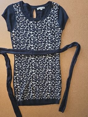 Black & Cream Knitted Leopard Print Belted Dress